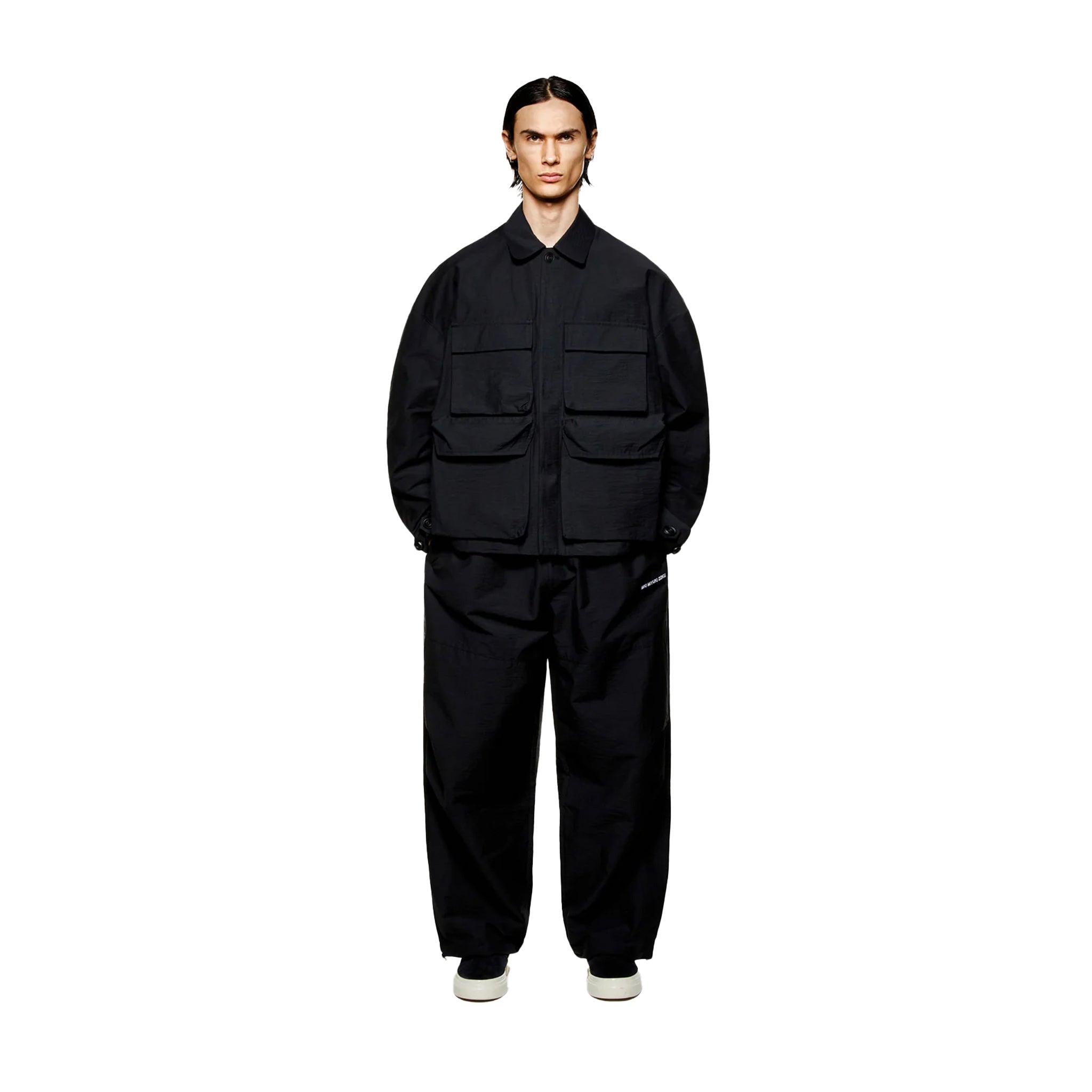 WASHED COTTON NYLON BOX OVERSHIRT - BLACK