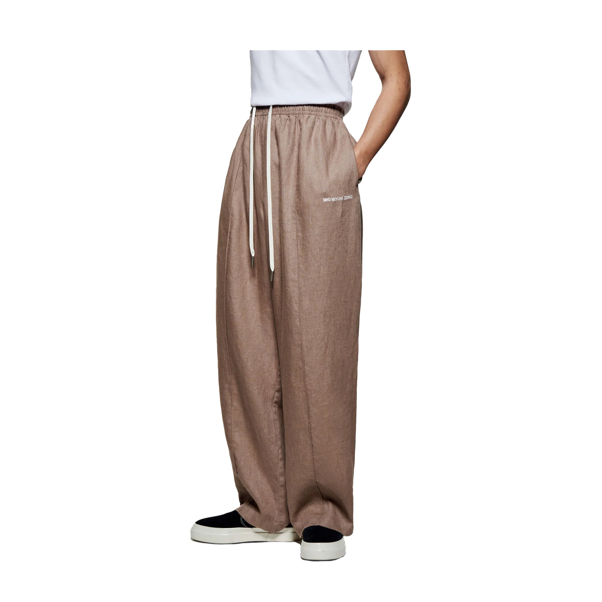 LINEN WIDE LEG TROUSERS - MUSHROOM