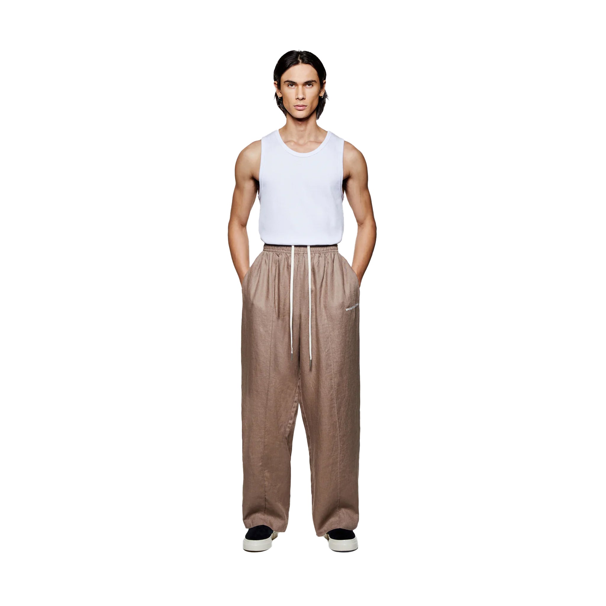 LINEN WIDE LEG TROUSERS - MUSHROOM