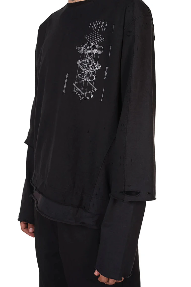 C2H4 Distressed Double Layer T-shirt BLACK