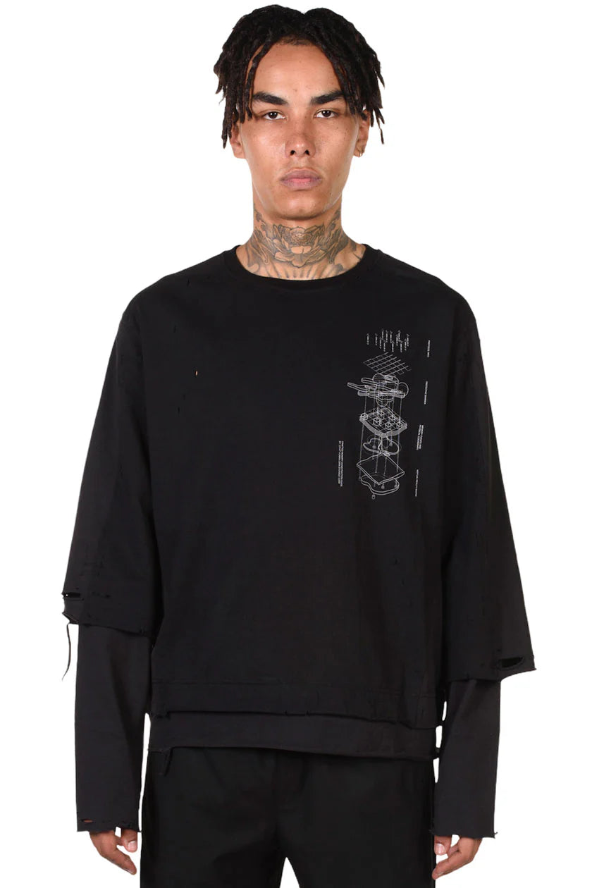 C2H4 Distressed Double Layer T-shirt BLACK