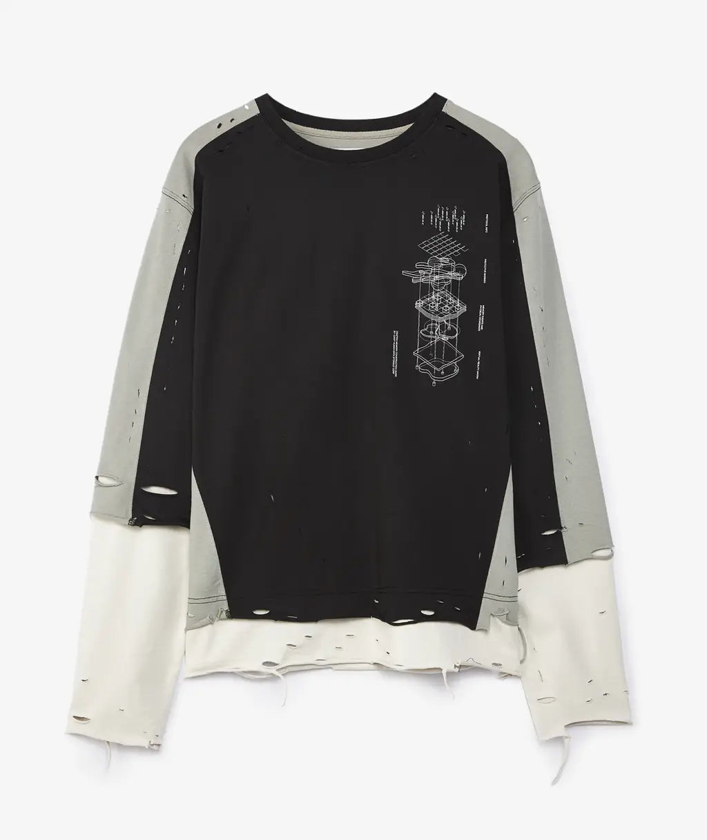 C2H4  Panelled Distressed Double Layer Long-Sleeve T-shirt - Grey